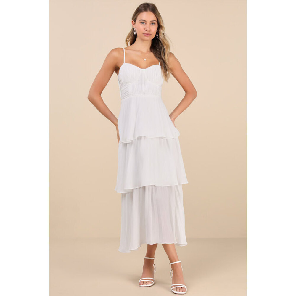 Lulus Cascading Crush White Tiered Bustier Midi Dress - Size M